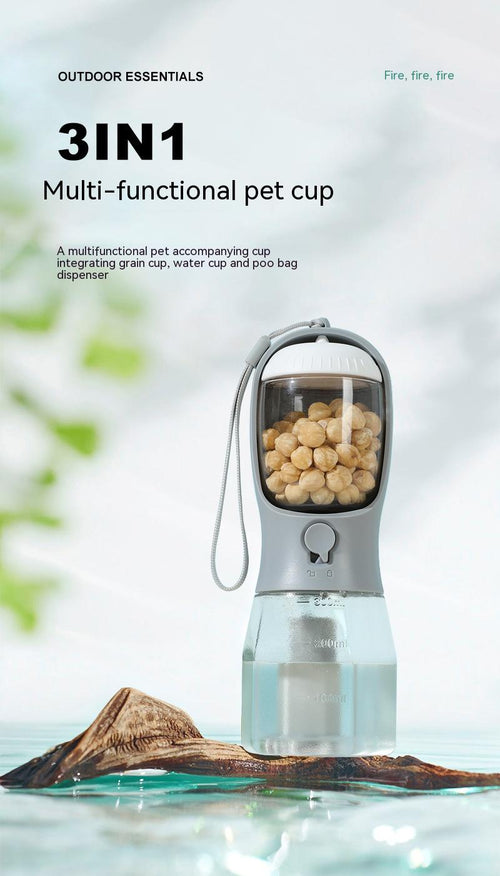 PawGo™ 3-in-1 Pet Travel Bottle – Portable Dog Water Cup with Food Storage & Waste Bag Holder