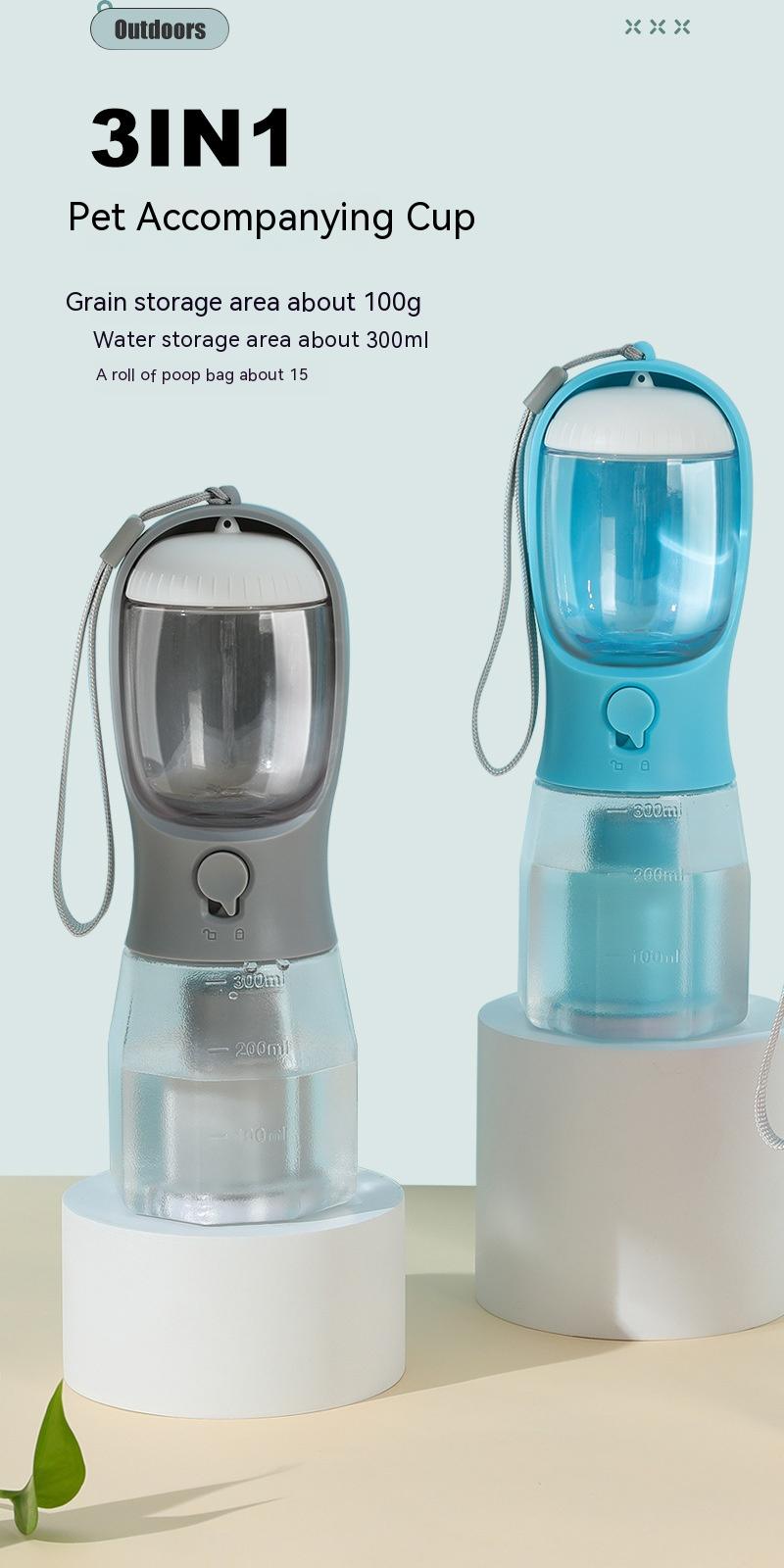 PawGo™ 3-in-1 Pet Travel Bottle – Portable Dog Water Cup with Food Storage & Waste Bag Holder
