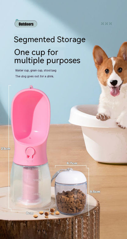 PawGo™ 3-in-1 Pet Travel Bottle – Portable Dog Water Cup with Food Storage & Waste Bag Holder