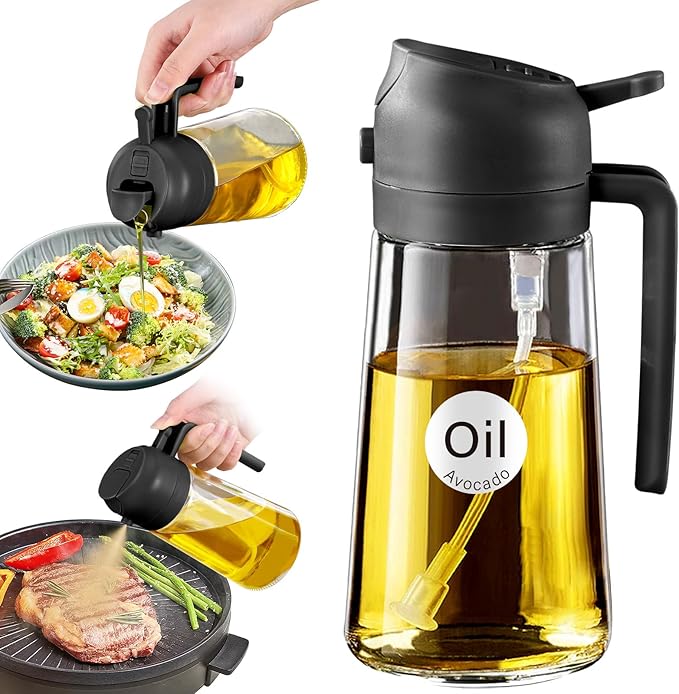 Oil Spray Bottle 3 in 1 16oz/470ml Glass Olive Oil Sprayer for Cooking with Stickers, Oil Dispenser for Kitchen Gadgets, Food Grade Premium Spray Bottle with Portion Control for Salad, Frying, BBQ (Black)