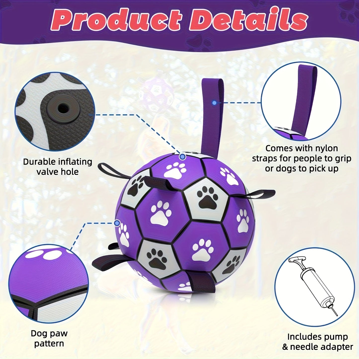 Durable Rubber Dog Soccer Ball with Straps